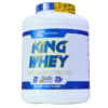 Envase de proteína King Whey de 5 libras, sabor vainilla, que contiene 25 gramos de proteína por porción y ofrece 72 porciones. Ideal para complementar dietas de fitness y aumentar la ingesta de proteínas de manera efectiva. Su diseño atractivo y su tapa amarilla destacan en la categoría de suplementos nutricionales.
