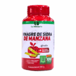 Botella de vinagre de sidra de manzana de La Milagrosa, presentada en un envase de 100 cápsulas. Este suplemento natural está formulado para ayudar en la pérdida de peso, controlar el colesterol y mejorar la digestión. Contiene té verde y matcha, conocidos por sus propiedades antioxidantes y energizantes. Ideal para quienes buscan un apoyo natural en su rutina de salud y bienestar.