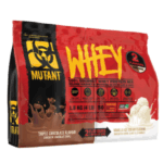 Paquete de proteína en polvo Mutant Whey de 1.8 kg, sabor triple chocolate y vainilla helada. Mezcla gourmet de proteínas de suero, ideal para aumentar masa muscular y recuperación.