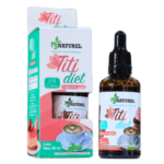 Imagen del producto Titi Diet de MJ Naturel, un edulcorante líquido sin calorías, presentado en un frasco de 60 ml. El envase incluye un diseño atractivo con colores vibrantes y destaca su uso como alternativa saludable para endulzar bebidas y alimentos. Ideal para quienes buscan opciones bajas en calorías y saludables en su dieta.