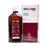 Frasco de jarabe Well-Tone de 345 ml, que contiene ciproheptadina, vitaminas del complejo B y proteína férrea, presentado junto a su caja. Ideal para el tratamiento de la falta de apetito y el aumento de peso en niños.