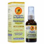Imagen del producto Propolio de Laboratorios La Melífera, presentado en un frasco de 30 ml con spray. La tintura contiene un 10% de propóleo y tiene sabor a anís. Se indica su uso tanto oral como tópico y es un producto de venta libre, conocido por sus propiedades antibióticas naturales. Ideal para quienes buscan un suplemento natural para fortalecer el sistema inmunológico.