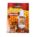 Imagen de un frasco de propóleo de 30 ml, presentado en un empaque colorido con fondo de panal de miel. El producto destaca por ser una fuente de vitamina C, ideal para fortalecer el sistema inmunológico y mejorar la salud. El diseño incluye ilustraciones de abejas y un enfoque en los beneficios del propóleo.
