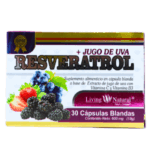 Suplemento de resveratrol en cápsulas blandas con jugo de uva, vitamina C y vitamina B3. Presentación de 30 cápsulas con un contenido neto de 600 mg. Ideal para mejorar la salud cardiovascular y fortalecer el sistema inmunológico. Producto de Living Natural, certificado bajo buenas prácticas de manufactura.