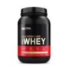 Proteína en polvo Optimum Nutrition Gold Standard 100% Whey, envase negro con detalles en rojo. Cada porción contiene 24 gramos de proteína, 5.5 gramos de BCAA y está diseñada para apoyar el desarrollo muscular y la recuperación. Ideal para deportistas y personas activas que buscan mejorar su rendimiento físico.