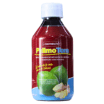 Botella de PullmoTom, un jarabe líquido de infusión de hierbas aromáticas con totumo. Este producto está formulado con ingredientes naturales que promueven la salud respiratoria y el bienestar general. Ideal para quienes buscan una alternativa natural para fortalecer el sistema inmunológico. Presentación de 240 ml.