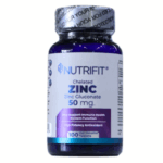 Frasco de suplemento de zinc gluconato chelatado de 50 mg de la marca Nutrifit, contiene 100 tabletas, diseñado para apoyar la salud del sistema inmunológico y como antioxidante de alta potencia.