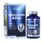 Suplemento Prostateleón Azul de Labmac, presentado en un envase de 50 cápsulas de 600 mg. Contiene ingredientes naturales como Mashua, Licopeno, Saw Palmetto y Maca Negra, formulados para apoyar la salud prostática. Ideal para hombres que buscan mejorar su bienestar.