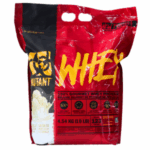 Bolsa de proteína de suero Mutant Whey Gourmet de 4.54 kg (10 lb) con sabor a vainilla, destacando su contenido nutricional y beneficios para el desarrollo muscular.