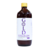 Botella de colágeno líquido Gold, un suplemento nutricional que promueve la salud de la piel, cabello y articulaciones. Presenta un diseño elegante con etiqueta blanca y detalles en morado, ideal para quienes buscan mejorar su bienestar.