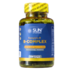 Suplemento vitamínico B-Complex de Sun Vitamins en envase de 100 cápsulas blandas. Contiene ácido fólico, vitamina B12 y B6, diseñado para promover la energía y el metabolismo. Ideal para quienes buscan mejorar su bienestar general y mantener niveles óptimos de vitaminas del grupo B.