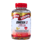 Frasco de suplemento alimenticio Omega 3 de Twins Vitamins, que contiene 1480 mg por porción, proporcionando 565 mg de ácidos grasos Omega 3. Ideal para mejorar la salud cardiovascular y el bienestar general. Incluye 100 cápsulas blandas de aceite de linaza extra virgen. Contenido neto de 148 g. Perfecto para quienes buscan un aporte adicional de Omega 3 en su dieta.