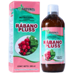 Complemento nutricional líquido Rábano Pluss de MJ Naturel, presentado en un frasco de 500 ml. Contiene vitamina E y extracto de rábano, diseñado para apoyar la salud y el bienestar. Ideal para quienes buscan un suplemento natural que potencie su nutrición diaria.