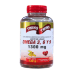 Frasco de suplemento alimenticio Omega 3, 6 y 9 de la marca Twins, con 130 cápsulas de 1300 mg cada una, elaborado a base de aceite de linaza. Ideal para mejorar la salud cardiovascular y el bienestar general. Contenido neto de 130 g, recomendado para quienes buscan un aporte extra de ácidos grasos esenciales.