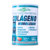 Envase de colágeno hidrolizado de 500 gramos de la marca Mega Equifarma Natural. El producto incluye calcio, magnesio, biotina, vitamina D, glucosamina y vitamina E. Sabor a fresa y contiene edulcorante no calórico. Ideal para fortalecer piel, cabello y articulaciones, promoviendo la salud y el bienestar general.