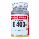 Frasco de vitaminas E 400 I.U. de la marca Only Natural, que contiene 50 cápsulas. Ideal para apoyar la salud y el bienestar.