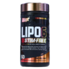 Frasco de LIPO 6 Stim-Free de Nutrex, un suplemento dietético diseñado para la pérdida de grasa y el control del apetito. Contiene 60 cápsulas, con una fórmula sin estimulantes, ideal para quienes buscan una opción eficaz para apoyar su camino hacia el bienestar. Perfecto para complementar una dieta balanceada y un programa de ejercicio.