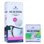 Imagen de producto que muestra la sal de Epsom de la marca Bosser. La caja principal contiene 1 kg de sal, etiquetada como "Sal de Epsom" y presenta el símbolo químico MgSO4. Además, se incluye un envase secundario con 20 gramos de sal de Epsom. Este producto es ideal para usos terapéuticos y de relajación.