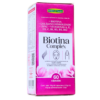 Suplemento alimenticio Biotina Complex de Nature's Garden, que contiene biotina, colágeno hidrolizado, zinc y vitaminas A, E, D3, C, B1, B3, B5 y B12. Presentado en un envase de 60 cápsulas de 0.5 g cada una, diseñado para mejorar la salud del cabello, piel y uñas. Ideal para quienes buscan fortalecer su belleza desde el interior.