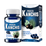 Suplemento Prosta Kanchis de La Milenaria, que combina maca negra y saw palmetto en cápsulas. Presentación del frasco con 50 cápsulas de 600 mg cada una. Ideal para el cuidado de la salud prostática y el bienestar masculino.