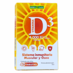Suplemento de Vitamina D3 de Nature's Garden, que proporciona 4,000 IU (100 µg) por tableta. Este producto está diseñado para apoyar el sistema inmunitario, así como la salud muscular y ósea. Contiene 40 tabletas en un envase que resalta su beneficio esencial para el bienestar general. Indicado para la administración oral. Ideal para quienes buscan fortalecer su salud de manera natural.
