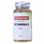 Frasco de vitamina E de 1000 IU de Only Natural, que contiene 58 cápsulas blandas. Este suplemento es conocido por sus propiedades antioxidantes y beneficios para la salud de la piel y el sistema inmunológico. Ideal para quienes buscan mejorar su bienestar general y fortalecer su organismo.