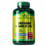 Suplemento de aceite de orégano y ajo de Green's & Natural, presentado en frasco de 200 cápsulas blandas. Este producto está diseñado para promover la salud del sistema inmunológico, el corazón y la digestión, e incluye ingredientes como jengibre, quercetina y equinácea. Es libre de gluten y lácteos, ideal para quienes buscan un complemento natural en su dieta.
