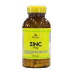 Frasco de cápsulas de Zinc Bosser de 50 mg, contiene 100 cápsulas amarillas, diseñado para fortalecer el sistema inmunológico y mejorar la salud general.