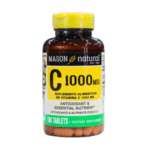 Suplemento de vitamina C 1000 mg de Mason Natural, presentado en un frasco de 100 tabletas. Este producto es un antioxidante y nutriente esencial que ayuda a fortalecer el sistema inmunológico y promueve la salud general. Ideal para quienes buscan un refuerzo vitamínico diario.