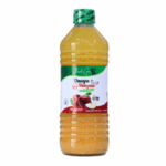 Botella de vinagre de manzana de 500 ml, con etiqueta que destaca sus beneficios y origen natural. Ideal para aderezos, marinados y usos culinarios.