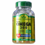 Frasco de suplemento de Omega 3-6-9 de la marca Green's & Natural, que contiene 60 cápsulas blandas. Este producto está diseñado para promover la salud del corazón, apoyar la salud de las articulaciones y el cerebro, y está enriquecido con aceite de pescado y vitamina E. Ideal para quienes buscan mejorar su bienestar general a través de ácidos grasos esenciales.