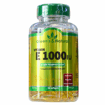 Frasco de vitaminas E 1000 IU de Green's & Natural, con 50 cápsulas blandas. Promueve la salud antioxidante y es libre de gluten.