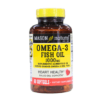 Suplemento alimenticio Mason Natural Omega-3 Fish Oil de 1000 mg, contiene ácidos grasos omega-3 DHA y EPA. Presentado en un frasco de 60 softgels, este producto está formulado para promover la salud del corazón. Ideal para quienes buscan mejorar su bienestar cardiovascular a través de suplementos de calidad.