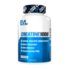 Suplemento de creatina monohidratada EVL Creatine 1000, con 1000 mg por porción, diseñado para mejorar la recuperación y promover el aumento muscular. Este producto es vegano y libre de gluten, ofreciendo 30 porciones por envase. Ideal para atletas y entusiastas del fitness que buscan optimizar su rendimiento y resultados en el entrenamiento.