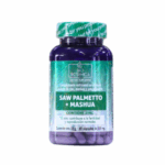 Frasco de suplemento dietético que contiene Saw Palmetto y Mashua, con zinc. Este producto está diseñado para contribuir a la fertilidad y reproducción normales. Contiene 30 cápsulas de 450 mg cada una, ideal para quienes buscan mejorar su salud reproductiva de manera natural.