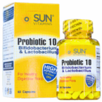 Suplemento probiótico Probiotic 10 de Sun Vitamins, que contiene Bifidobacterium y Lactobacillus, presentado en un frasco de 60 cápsulas. Diseñado para promover una flora digestiva saludable, con alta potencia de 10 mil millones de CFU por dosis. Ideal para quienes buscan mejorar su salud intestinal y bienestar general.