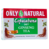 Caja de té de ginseng Copacabana Diet de la marca Only Natural. Contiene 30 bolsitas filtrantes con un peso neto de 60 gramos. Este té está diseñado para apoyar una dieta saludable y mejorar el bienestar general. Ideal para quienes buscan una bebida natural con propiedades energizantes y revitalizantes.