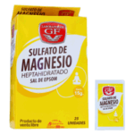 Paquete de sulfato de magnesio heptahidratado, también conocido como sal de Epsom, presentado en una caja amarilla de Laboratorios GF. Contiene 25 unidades de 15 gramos cada una, ideal para uso en baños relajantes y terapias de bienestar. Producto de venta libre que contribuye a la relajación muscular y la salud general.