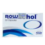 Caja de Rowahol que contiene 50 cápsulas, un producto de Rowa. Ideal para el alivio de malestares digestivos, esta presentación destaca por su diseño moderno y colores azules. Perfecto para quienes buscan un suplemento efectivo para la salud intestinal.
