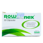 Caja de Rowanex que contiene 50 cápsulas. Este producto es un coadyuvante en el tratamiento de la urolitiasis, ayudando en la disolución de cálculos renales y mejorando la salud urinaria. Ideal para personas que buscan un apoyo en su tratamiento urológico.