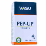 Caja de tabletas Pep-Up de Vasu, que contiene 10 blísteres de 10 tabletas cada uno. Este producto está diseñado para potenciar la energía y el bienestar. Ideal para quienes buscan un suplemento que contribuya a mejorar su vitalidad y rendimiento diario. La presentación es práctica y fácil de transportar.