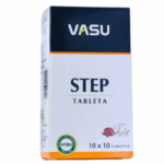 Caja de tabletas VASU STEP, que contiene 10 blísteres de 10 tabletas cada uno. Este producto está diseñado para ofrecer beneficios específicos para la salud, con ingredientes naturales y formulaciones efectivas. Ideal para quienes buscan mejorar su bienestar de manera natural.