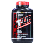 Suplemento T-UP de Nutrex, frasco negro con tapa roja, diseñado para aumentar la testosterona de manera natural. Promueve el desarrollo muscular, mejora la fuerza y acelera la recuperación. Contiene 120 cápsulas, recomendando una dosis diaria para obtener resultados óptimos. Ideal para atletas y entusiastas del fitness que buscan maximizar su rendimiento físico.