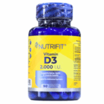 Frasco de cápsulas de vitamina D3 de 2000 IU de Nutrifit, que contiene 90 cápsulas. Apoya la salud ósea, dental y muscular, además de fortalecer el sistema inmunológico.