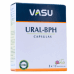 Caja de Ural-BPH de VASU, que contiene cápsulas diseñadas para el bienestar prostático. El producto se presenta en un empaque de 30 cápsulas (3 x 10). Ural-BPH está formulado para apoyar la salud del tracto urinario y la función prostática. Ideal para hombres que buscan un complemento natural para el cuidado de su salud.