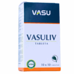 Caja de Vasuliv, un suplemento en tabletas de la marca VASU, que contiene 10 blísteres de 10 tabletas cada uno. Este producto está diseñado para apoyar la salud hepática y digestiva. La presentación destaca por su diseño limpio y profesional, con una etiqueta que incluye información sobre su uso y beneficios. Ideal para quienes buscan mejorar su bienestar general.