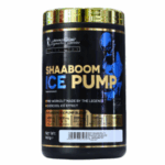 Suplemento pre-entrenamiento Shaaboom Ice Pump en envase de 480 gramos. Este producto está diseñado para mejorar el rendimiento físico, aumentar la energía y proporcionar un efecto refrescante durante el ejercicio. Contiene ingredientes clave como L-citrulina y beta-alanina, ideales para maximizar la resistencia y la concentración. Perfecto para atletas y entusiastas del fitness que buscan un impulso adicional en sus entrenamientos.