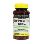 Frasco de cápsulas de Saw Palmetto de 500 mg de la marca Mason Natural. Este suplemento dietético está diseñado para apoyar la salud de la próstata. Contiene 60 cápsulas y es una opción popular para quienes buscan beneficios naturales para la salud masculina. Ideal para personas interesadas en remedios herbales y suplementos naturales.