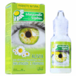 Frasco de 15 ml de Manzanilla Sophia, un producto natural diseñado para aliviar la inflamación de los párpados. La imagen muestra el empaque con un diseño atractivo que incluye una flor de manzanilla y un ojo que destaca la efectividad del producto. Ideal para quienes buscan soluciones naturales para el cuidado ocular.