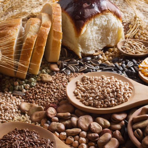 Imagen que muestra una variedad de granos y semillas, incluyendo trigo, linaza y frijoles, junto a rebanadas de pan fresco. Ideal para ilustrar la diversidad de alimentos saludables y nutritivos en la dieta.